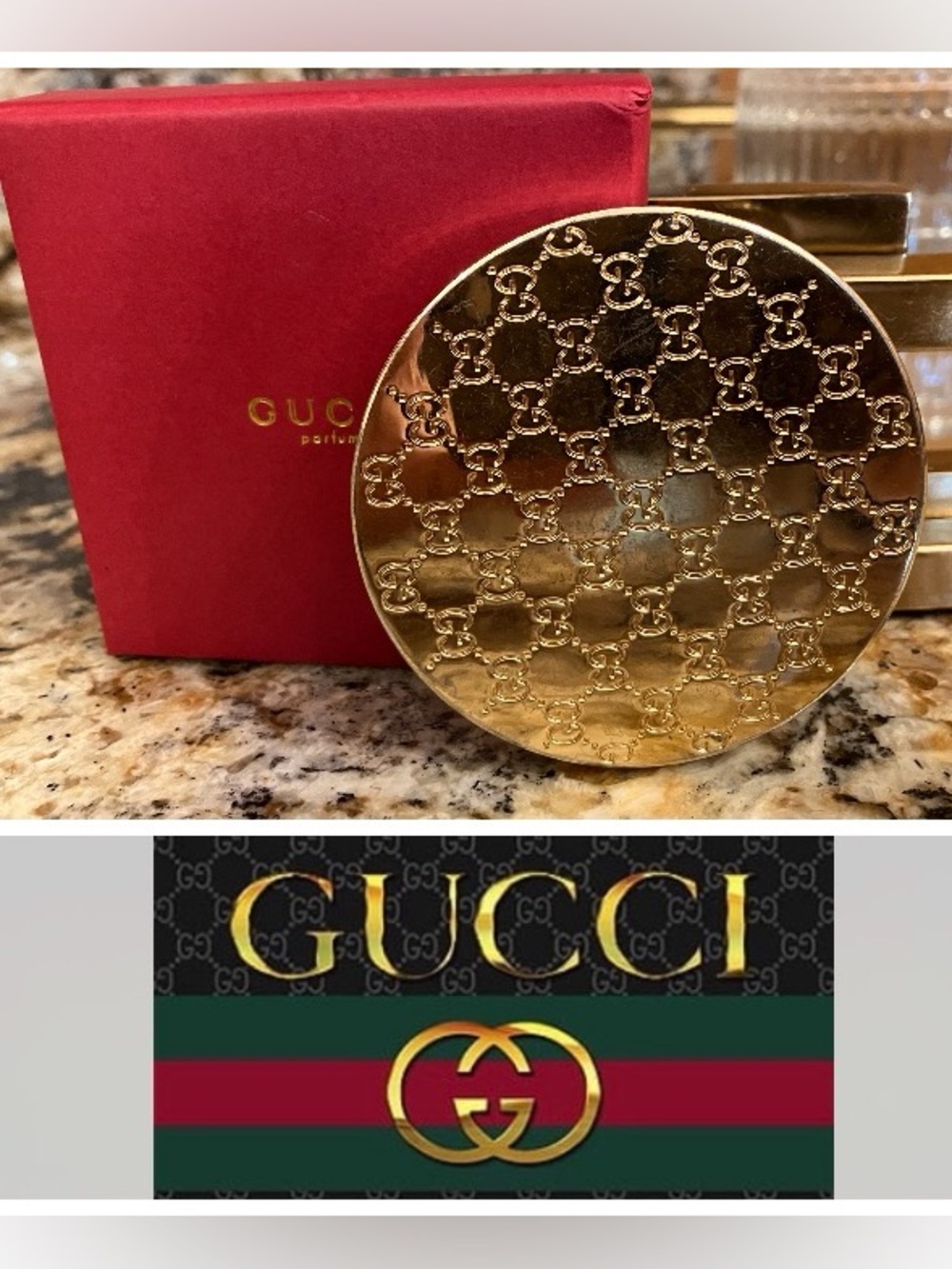 Gucci Gold Embossed GG Compact Mirror New with Box